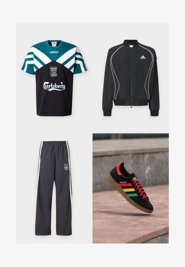 Μαύρο φούτερ Adidas με φερμουάρ, λευκές καμπυλωτές ρίγες, ριμπ στο κολάρο και τις μανσέτες, και λογότυπο Adidas στο αριστερό στήθος.; Μπλούζα της Liverpool Football Club από την Adidas, σε μαύρο και τιρκουάζ, με λευκές γεωμετρικές ρίγες και λογότυπο χορηγού Carlsberg στο μπροστινό μέρος.; Σκούρο γκρι παντελόνι φόρμας με λευκές πλευρικές ρίγες, ελαστική μέση και κυκλικό λογότυπο με τρία αστέρια στο αριστερό μηρό. Ελαφρύ ύφασμα.; Μαύρο αθλητικό παπούτσι Adidas Spezial με κόκκινες, κίτρινες και πράσινες ρίγες, κόκκινες κορδόνια, λαστιχένια σόλα και κόκκινη λεπτομέρεια στη φτέρνα, που αιωρείται πάνω από το πεζοδρόμιο.