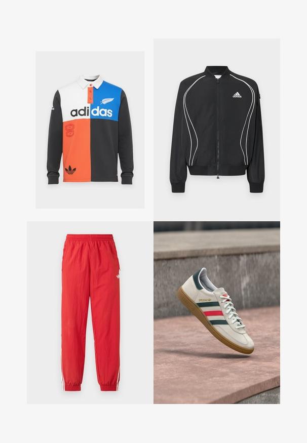 Zwarte Adidas-jas met ritssluiting, witte gebogen bies, geribbelde kraag en manchetten, en het Adidas-logo op de linkerborst.; Kleurgeblokte lange mouwen polo shirt in zwart, wit, oranje en blauw, met een kraag, knoopsluiting en opvallende Adidas branding.; Rode sportieve broek van lichtgewicht materiaal, met een elastische tailleband, witte zijstrepen en een klein logo op het bovenbeen.; Witte Adidas sneaker met groene en rode strepen, rubberen zool en "SPEZIAL" branding die boven een stenen bestrating zweeft.