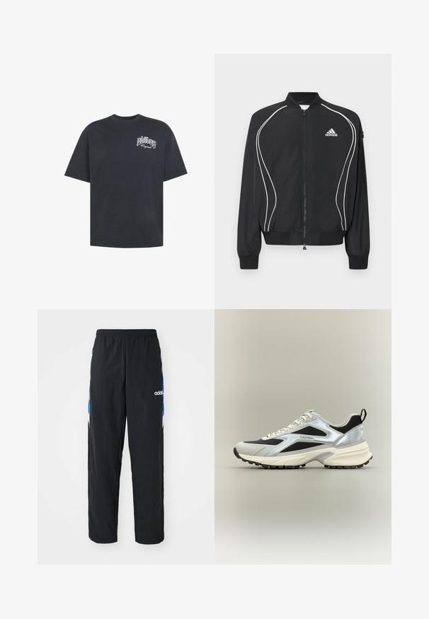 Μαύρο φούτερ Adidas με φερμουάρ, λευκές καμπυλωτές ρίγες, ριμπ στο κολάρο και τις μανσέτες, και λογότυπο Adidas στο αριστερό στήθος.; Μαύρο κοντομάνικο μπλουζάκι με λευκό στυλιζαρισμένο λογότυπο «adidas Originals» στο αριστερό στήθος, στρογγυλή λαιμόκοψη και άνετη εφαρμογή.; Μαύρο αθλητικό παντελόνι με ελαστική μέση, διακοσμημένο με μπλε και λευκές γραφικές λεπτομέρειες στις πλευρές, και κεντημένο λογότυπο.; Χαμηλά αθλητικά παπούτσια Calvin Klein με μαύρο μέσh, ασημένιες επικαλύψεις, εκρού σόλα και λουράκι στο τακούνι, εμφανιζόμενο σε προφίλ πλευράς.