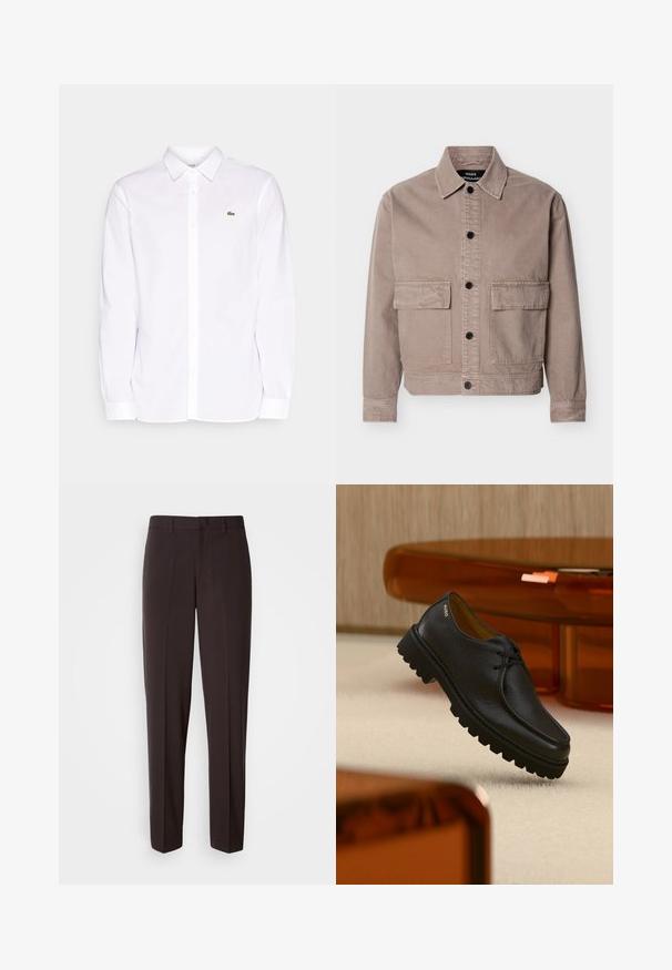 Beige casual jakke med lynlåslukning foran, to store frontlommer med klap, lange ærmer og en spids krave, mærket Mads Nørgaard.; Hvid langærmet skjorte lavet af bomuld, med krave der kan knappes ned, et grønt broderet logo på venstre bryst og lige manchetter.; Sorte skræddersyede bukser med lige ben, der har en glat tekstur og en linning med en enkelt knaplukning.; Sort tekstureret lædersko med snørebånd og tyk rillet sål, mærket "HUGO" nær hælen, vist mod et beige tæppe og ravfarvet møbel.