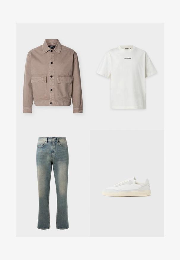 Beige Freizeitjacke mit vorderer Knopfleiste, zwei großen vorderen Klappentaschen, langen Ärmeln und spitzem Kragen, mit dem Etikett Mads Nørgaard.; Weißes T-Shirt mit kurzen Ärmeln und kleinem schwarzem Text "Leave blank*" zentriert auf der Brust, flach auf hellem Hintergrund liegend.; Hellblaue Denim-Jeans mit geradem Bein, mittelhoher Taille und subtilen Ausbleichungen. Verfügt über klassische Taschenstil und Kontrastnähte.; Weißer Sneaker mit strukturiertem Obermaterial aus Wildleder und Leder. Verfügt über eine runde Zehenpartie, Schnürverschluss und eine kontrastierende beige Gummisohle.