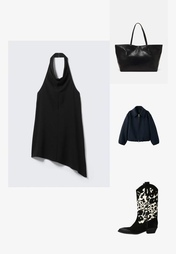 Veste en laine noire à fermeture éclair, col large et poignets élastiques, présentée sur un fond blanc.; Haut noir asymétrique à col montant avec fermeture à agrafes dans le dos, tombant plus long d'un côté.; Botte de cowboy en suède noir avec une tige imprimée vache blanche et noire, bout pointu et petit talon en bloc. Présente des détails de couture et des languettes de tirage.; Sac fourre-tout tissé noir avec deux poignées robustes, présentant une texture brillante et un design à ouverture spacieuse.