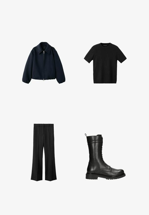 Schwarze Wolljacke mit Reißverschluss, weitem Kragen und elastischen Bündchen, auf weißem Hintergrund dargestellt.; Schwarzes kurzärmliges Strick-T-Shirt mit Rundhalsausschnitt, mit tailliertem Schnitt und glatter Textur, geeignet für den Freizeitstil.; Schwarze weit geschnittene Hose mit flachem Bund, Gürtelschlaufen und zwei seitlichen Taschen. Hergestellt aus einem strukturierten Stoff, mit taillierter Passform.; Schwarze Lederkampfstiefel mit hohem Schaft, Schnürverschluss und strukturiertem Finish. Ausgestattet mit einer robusten Gummisohle und einem Zugschlauf.