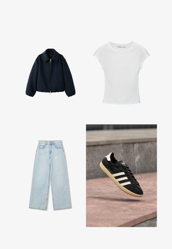 Zwarte wollen jas met rits, brede kraag en elastische manchetten, getoond op een witte achtergrond.; Witte katoenen T-shirt met korte, opgerolde mouwen, een ronde halslijn en een rechte zoom. Gladde textuur zonder zichtbare patronen of accenten.; Lichtblauwe wijde spijkerbroek van denim, met een hoge taille, vijf zakken en zichtbare stiksels langs de naden.; Zwarte Adidas sneaker met witte strepen en beige zool, vastgelegd in de lucht boven een stenen oppervlak en een stenen muur op de achtergrond.