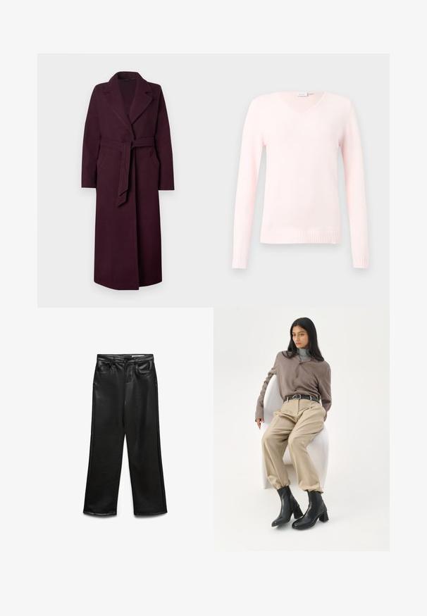 Lang mørk lilla uldfrakke med brede klapper, sidelommer og et matchende stofbælte bundet om taljen mod en ensfarvet baggrund.; Lyserød v-hals sweater med lange ærmer, lavet af blødt materiale, ribbet kant og manchetter, glat tekstur, enkelt design uden mønstre.; Sorte bukser i bred benvidde lavet af kunstlæder med frontlommer, bæltestropper og en diskret glans. Glat tekstur og skræddersyet pasform.; Kvinde med langt sort hår, der læner sig op ad en hvid buet stol iført en taupe bluse, beige bukser, sort bælte og sorte ankelstøvler med hæl.