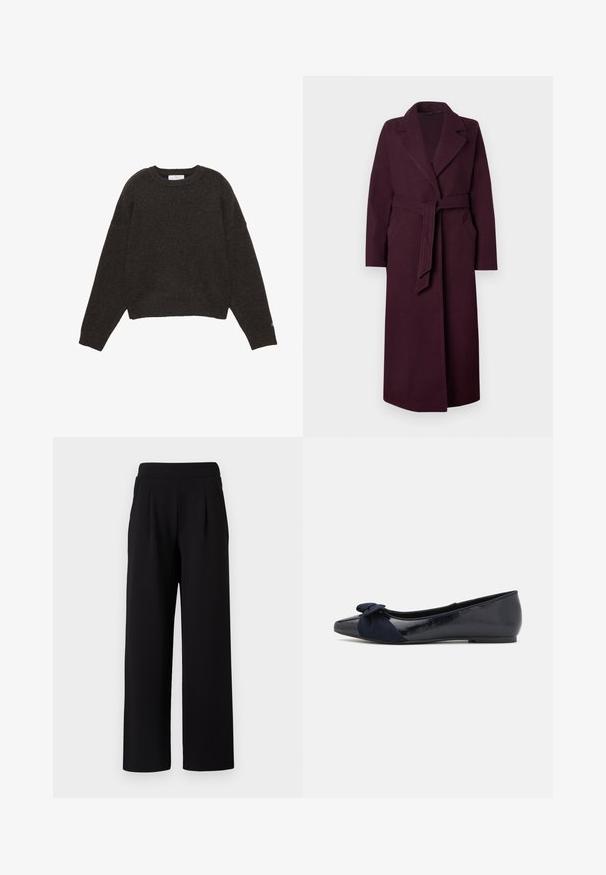 Manteau long en laine violet foncé avec de larges revers, des poches latérales et une ceinture en tissu assorti nouée à la taille sur un fond uni.; Pull gris foncé en maille avec col rond, manches longues, poignets et ourlet côtelés, posé à plat sur un fond blanc.; TOM TAILOR DENIM PLEATED PANTS - Pantalon classique - deep black; Ballerines navy avec une finition laquée brillante et un détail en suède texturé en forme de nœud sur le bout, présentant un bout rond et une semelle plate.