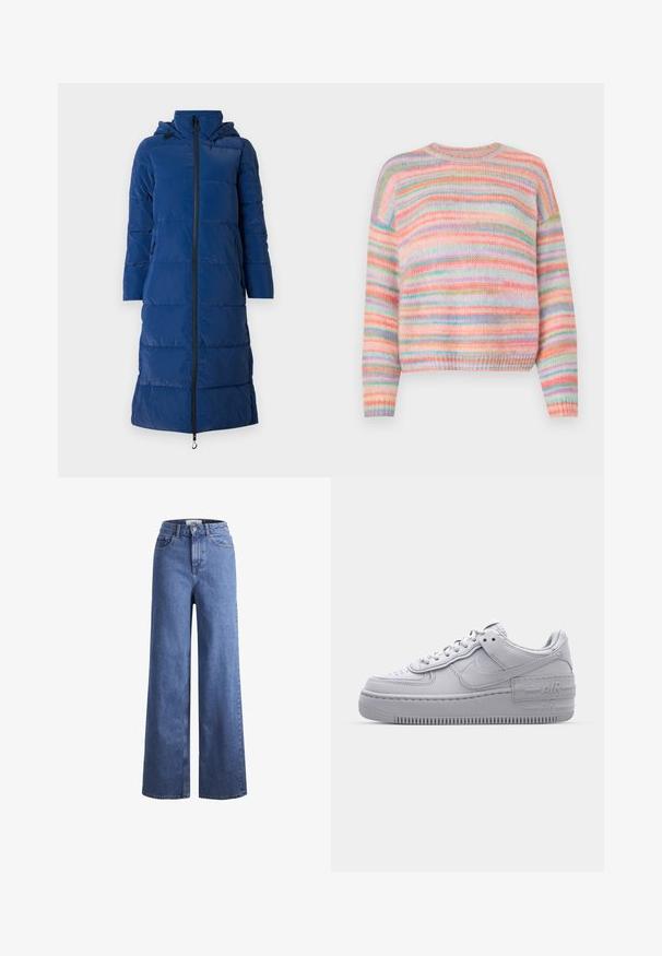 Manteau rembourré bleu marine avec capuche, design long, texture piquée horizontale, fermeture éclair à l'avant et poches latérales avec fermetures éclair.; Pieces PCORMAN O NECK - Pullover - pink-a-boo; Jean large en denim bleu clair avec taille haute, deux poches avant et coutures visibles. Fermeture à bouton et à zip.; Basket en cuir lisse gris Nike Air Force 1 avec un bout perforé, une semelle épaisse et un détail 'AIR' en relief sur le talon.