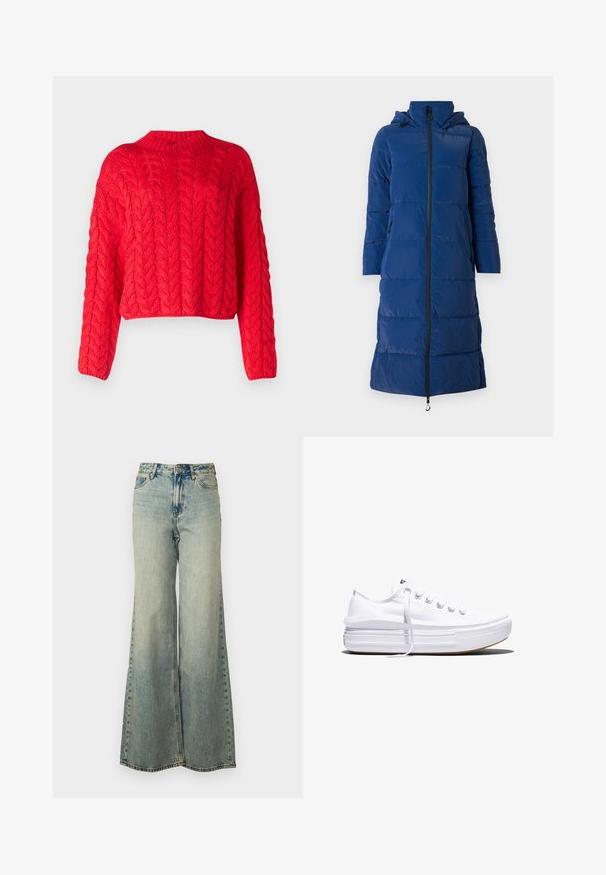 Mørkeblå dunjakke med hætte, lang model, vandret quiltet struktur, lynlås foran og sidelommer med lynlås.; Rød kabelstrikket sweater med høj hals, lange ærmer og cropped kant. Tyk tekstur med hævede, sammenflettede mønstre overalt.; Lyseblå vide jeans lavet af denim, med høj talje, bleget vask og sidelommer med synlige stikninger.; Hvid lavt snørestøvle med tyk plateau-sål, snørelukning foran og gummiforstærket tåkap, set i sideprofil.