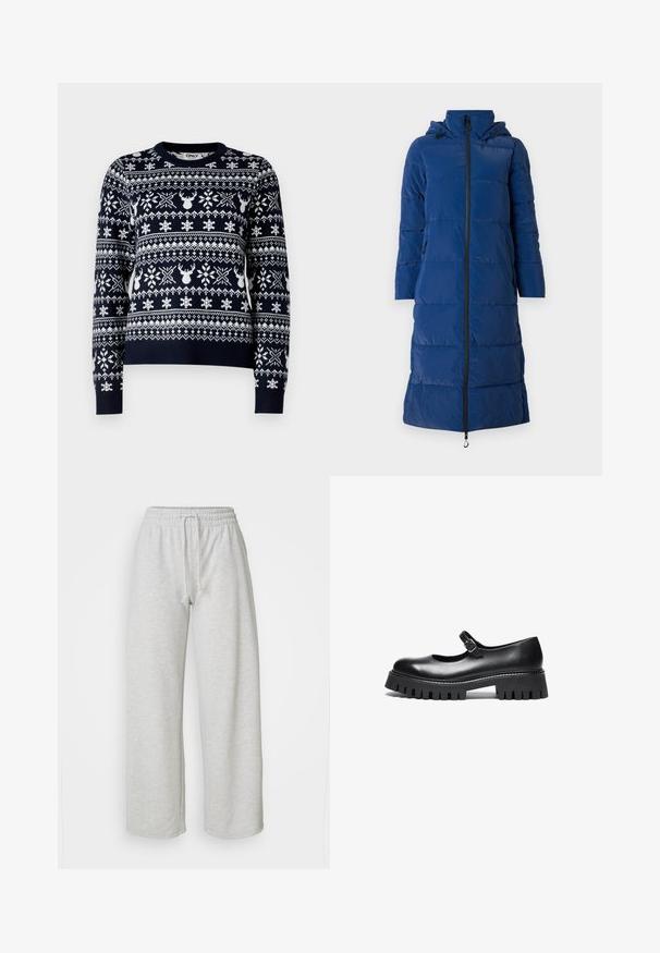 Manteau rembourré bleu marine avec capuche, design long, texture piquée horizontale, fermeture éclair à l'avant et poches latérales avec fermetures éclair.; Pull en maille marine avec des flocons de neige blancs et des motifs de rennes, col rond, manches longues et ourlet côtelé.; Even&Odd Petite by Zalando Pantalon de survêtement - mottled light grey; Chaussure Mary Jane en cuir noir, avec un bout rond, une sangle à la cheville et une semelle en caoutchouc épaisse présentant des détails nervurés.