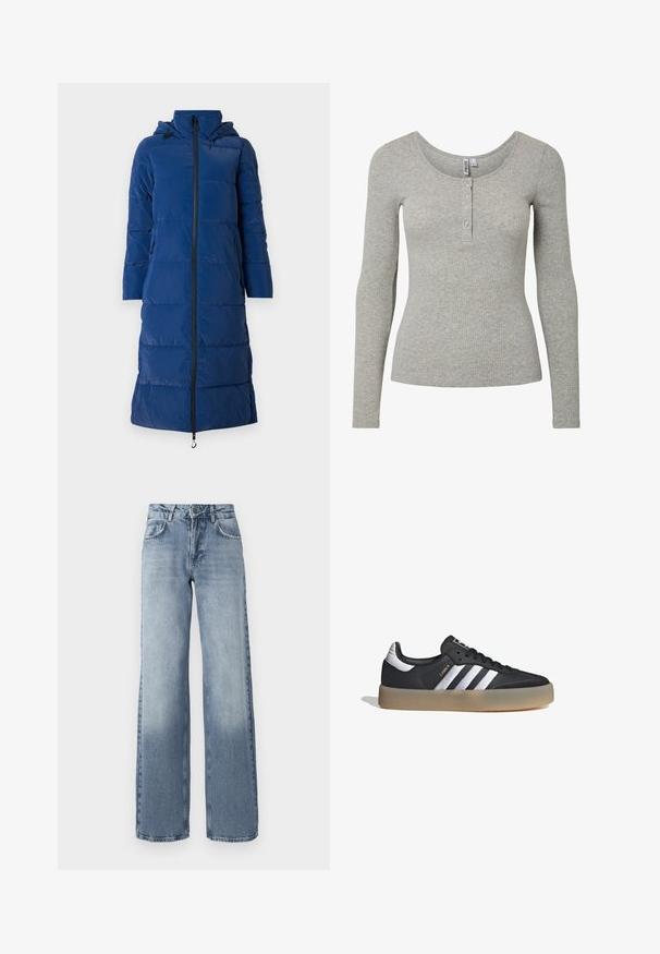 Mørkeblå dunjakke med hætte, lang model, vandret quiltet struktur, lynlås foran og sidelommer med lynlås.; Lysegrå ribbet langærmet top med rund halsudskæring og fire-knaps lukning, tætsiddende silhuet og blødt strikket stof.; Bredde ben bløde denim jeans i blå med en lys vask, lynlås, fem-lomme design og subtil falming nær anklerne.; Sort læder atletiksko med tre sølvstriber, en struktureret tå og en gummisål. Har en polstret krave og snørebåndsdesign.