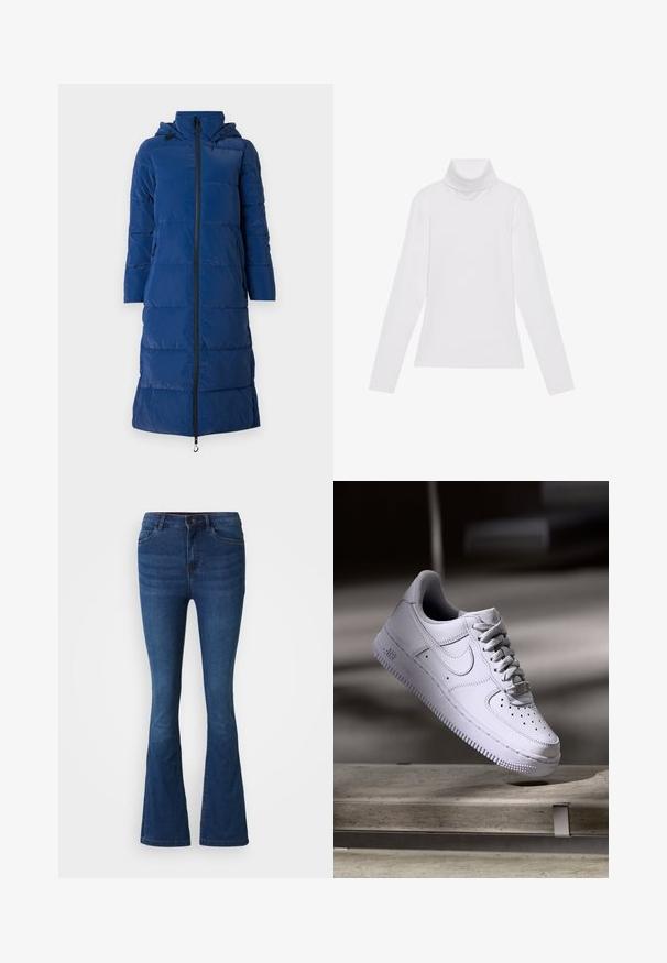 Abrigo acolchado azul marino con capucha, diseño largo, textura de acolchado horizontal, cierre delantero con cremallera y bolsillos laterales con cremalleras.; Top blanco de manga larga y cuello alto, confeccionado en una tela suave y elástica. Presenta un diseño ajustado, sin patrones o adornos visibles.; Jeans de mezclilla de campana en azul oscuro con bolsillos delanteros y traseros, cierre de botón y cremallera, y detalles desgastados en los muslos y las rodillas.; Zapatilla Nike Air Force 1 blanca levitando sobre una superficie de hormigón con sombras en un entorno minimalista.