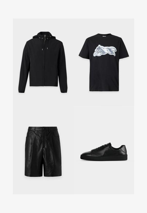Veste noire zippée avec capuche, cordons réglables, manches longues et poches latérales, présentée sur un fond clair uni.; T-shirt noir à manches courtes avec un graphisme métallique argenté brillant représentant un animal courant sur la poitrine.; Shorts en cuir noir à la coupe ajustée, dotés de deux poches avant, d'une fermeture à boutons et d'une texture lisse et brillante.; Sneaker noir en cuir à profil bas avec lacets sur le devant et semelle plate texturée, montré de profil sur un fond neutre.