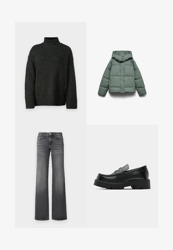 Doudoune verte avec une large capuche, présentant une coupe carrée, une texture matelassée, et une fermeture éclair frontale. Aucun élément métallique ni motif visible.; Vero Moda Tall VMMADDIE HIGHNECK PULL - Pullover - dark grey melange; Jean en denim gris foncé à jambe droite avec une légère décoloration sur les cuisses et un design standard à cinq poches sur fond blanc.; Mocassins en cuir noir avec une semelle épaisse et texturée, dotés d'une sangle sur le vamp et d'une finition lisse et polie.