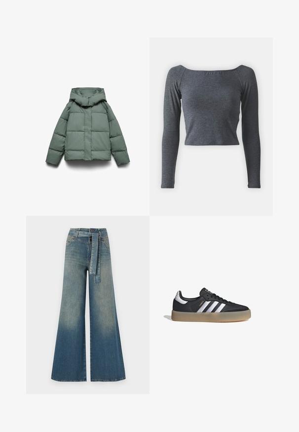 Chaqueta acolchada verde con capucha ancha, de forma cuadrada, textura acolchada y cierre frontal de cremallera. Sin herrajes visibles ni estampados.; Top gris de manga larga y cropped, hecho de una tela suave con escote cuadrado y un diseño ajustado. Sin patrones ni adornos visibles.; Pantalones de mezclilla de pierna ancha con un degradado de azul claro a oscuro, cintura alta, trabillas para cinturón y un cinturón de tela a juego. Acabado de mezclilla texturizada.; Zapatilla deportiva de cuero negro con tres rayas plateadas, punta texturizada y suela de goma. Cuenta con un collar acolchado y un diseño con cordones.