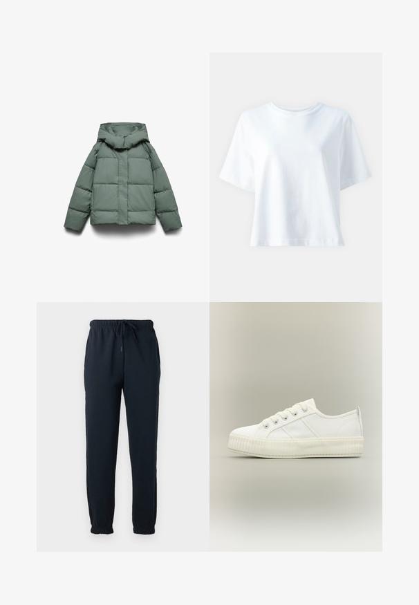 Chaqueta acolchada verde con capucha ancha, de forma cuadrada, textura acolchada y cierre frontal de cremallera. Sin herrajes visibles ni estampados.; Camiseta de algodón blanca con cuello redondo, mangas cortas, ajuste relajado y textura suave. Sin patrones ni acentos visibles.; Pantalones deportivos negros con cintura elástica, cordón, bolsillos laterales y puños elásticos en los tobillos.; Zapatilla deportiva blanca de caña baja con suela gruesa acanalada, cordones delanteros y tira para tirar en el talón sobre un fondo neutro.