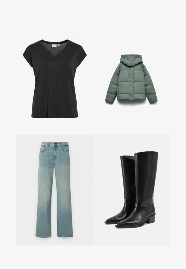 Groene pufferjas met een brede capuchon, met een vierkante vorm, gewatteerde textuur en een ritssluiting aan de voorkant. Geen zichtbare hardware of patronen.; Zwart T-shirt met V-hals en kapmouwtjes, gemaakt van zacht materiaal, met een losse pasvorm en minimale stikdetail.; Lichtblauwe denim jeans met een hoge taille, wijde benen en een klassiek vijf-pocket ontwerp. Voorzien van subtiele vervaging en een knoopsluiting.; Een paar hoge zwarte leren laarzen met lage blokhakken en puntige neuzen op een effen lichte achtergrond.