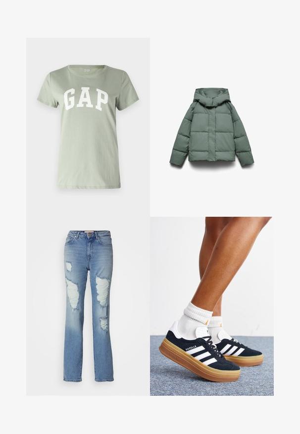 Doudoune verte avec une large capuche, présentant une coupe carrée, une texture matelassée, et une fermeture éclair frontale. Aucun élément métallique ni motif visible.; GAP TEE - T-shirt imprimé - desert sage; Jean taille haute bleu clair avec une coupe droite. Présente des déchirures prononcées et des bords effilochés à l'avant, fabriqué en tissu denim.; Jambes portant des chaussettes blanches et des baskets Adidas Gazelle noires avec des bandes blanches et des semelles épaisses marron sur un sol recouvert de moquette grise.