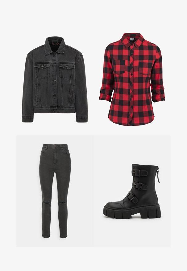 Zwarte denimjas met een klassieke kraag, voorste knoopsluiting, twee borstzakken en zijzakken. Bevat contrasterende stiksels.; Rood en zwart geruite flanellen shirt, lange mouwen met opgerolde manchet, spitse kraag, twee borstzakken, knoopsluiting aan de voorkant, zachte textuur.; Cotton On CURVY SKINNY - Jeans Skinny Fit - graphite black rip; Even&Odd by Zalando Cowboy-/Bikerlaarsjes - black