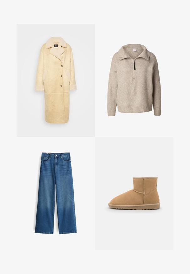 Beige nepbont jas met een schouderkraag, voorzien van grote knopen, zijzakken en textuurstof. Lange mouwen met omgeslagen manchetten.; Beige pullover met ritskraag en geribbelde zoom en manchetten, gemaakt van zachte stof. Heeft een comfortabele pasvorm en een halve ritssluiting.; Blauwe jeans met wijde pijpen, hoge taille, knoop vooraan en ontwerp met vijf zakken, getoond op een witte achtergrond.; Tan nubuck enkellaars met een ronde neus en gewatteerde kraag, voorzien van contrasterende stiksels en een gestructureerde rubberen zool.