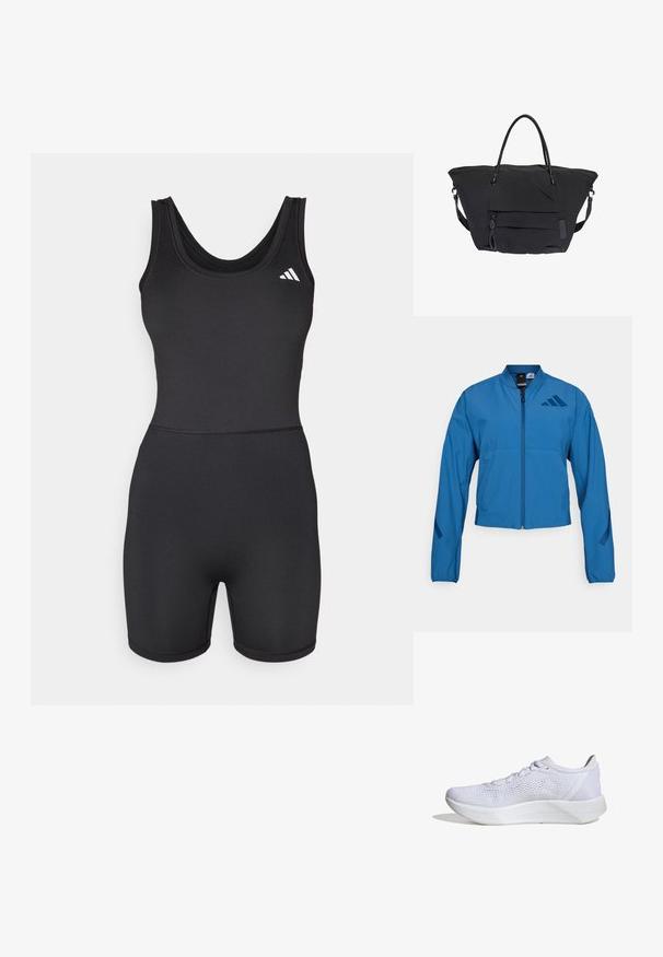 Veste courte bleue avec fermeture éclair à l'avant, col montant et poignets élastiqués. Comprend deux poches horizontales et un logo sur la poitrine.; Bodysuit de sport noir avec un design ajusté, sans manches et jambes courtes. Présente un col rond et un accent logo blanc sur la poitrine.; Baskets blanches avec une tige en mesh respirant, un design à lacets, un col rembourré et une semelle en caoutchouc texturé pour l'adhérence.; Grand sac cabas noir avec double poignées, poche zippée à l'avant et bandoulière amovible sur fond blanc.
