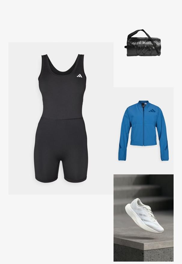 Veste courte bleue avec fermeture éclair à l'avant, col montant et poignets élastiqués. Comprend deux poches horizontales et un logo sur la poitrine.; Bodysuit de sport noir avec un design ajusté, sans manches et jambes courtes. Présente un col rond et un accent logo blanc sur la poitrine.; Chaussure de sport blanche avec une tige texturée, trois bandes latérales, une semelle amortie et un bout arrondi, posée au-dessus d'une surface en béton.; Sac de sport noir avec une finition brillante et texturée ; comporte une poche zippée et une couture décorative en croix ; inclut des poignées robustes.