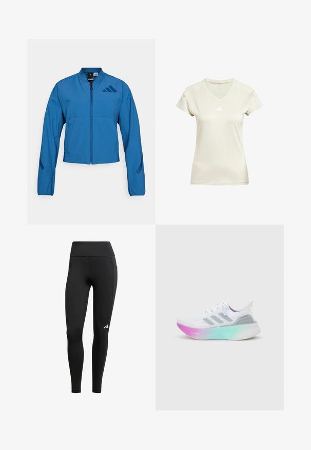 Veste courte bleue avec fermeture éclair à l'avant, col montant et poignets élastiqués. Comprend deux poches horizontales et un logo sur la poitrine.; T-shirt de sport à col en V en tissu beige clair, à manches courtes, avec un logo Adidas blanc sur la poitrine et une texture le long de l'encolure.; Leggings de sport noirs avec une taille haute, fabriqués en tissu extensible ; dotés d'une poche latérale et d'un petit logo blanc près de l'ourlet.; Chaussure de course Adidas blanche avec des bandes grises et une semelle épaisse passant du rose au vert, arborant les textes "Lightboost" et "Ultraboost".