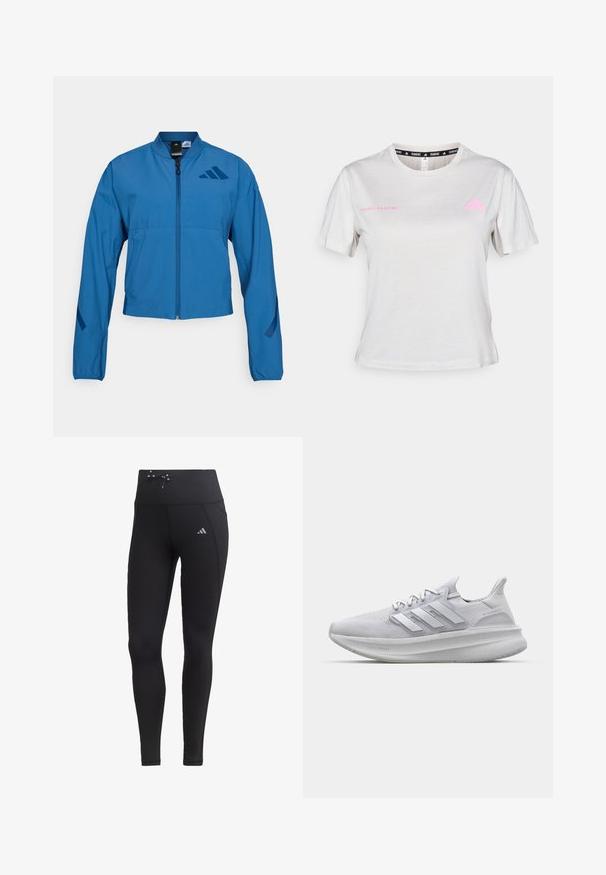 Veste courte bleue avec fermeture éclair à l'avant, col montant et poignets élastiqués. Comprend deux poches horizontales et un logo sur la poitrine.; T-shirt gris clair à manches courtes avec un col rond, "ADIDAS RUNNING" imprimé en rose, avec le logo Adidas rose sur la poitrine. Texture de tissu doux.; Leggings noirs avec taille haute, cordon de serrage et poches latérales. Fabriqués à partir d'un tissu lisse avec un accent de logo réfléchissant.; Baskets blanches avec une tige en maille texturée, des rayures latérales tridimensionnelles et une semelle épaisse marquée 'LIGHT BOOST'.