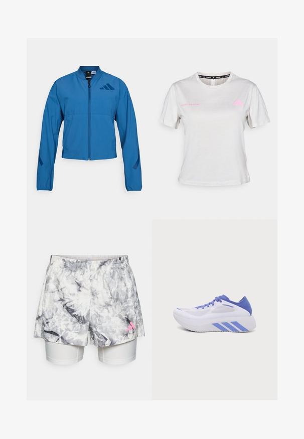 Blå cropped jakke med lynlås foran, stående krave og elastiske manchetter. Har to horisontale lommer og et logo-accent på brystet.; Lys grå T-shirt med korte ærmer, der har en rund hals, "ADIDAS RUNNING" trykt i pink, med pink Adidas-logo på brystet. Blød stoftekstur.; Shorts med et gråt og hvidt abstrakt mønster, der har en elastisk talje, indvendig foring og en lyserød logoaccent på siden.; Hvid og blå atletiksko med tyk sål, meshpaneler og tre blå striber på siden, vist i sideprofil mod ensfarvet baggrund.
