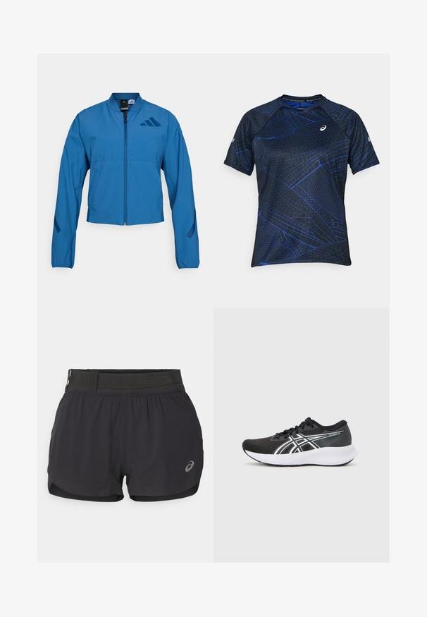 Blauwe korte jas met ritssluiting aan de voorkant, opstaande kraag en elastische manchetten. Heeft twee horizontale zakken en een logo-accent op de borst.; Korte mouw sportshirt in zwart met een blauw geometrisch patroon. Gemaakt van ademend materiaal, met een ronde hals en platte naden.; Zwarte hardloopshorts met een gaasband, met een zachte textuur, een korte lengte en een klein logo aan de onderzijde rechts.; Zwarte sportieve schoenen met een gestructureerde mesh bovenkant, witte accenten en een gewatteerde witte zool. Heeft een logo aan de zijkant en veters.