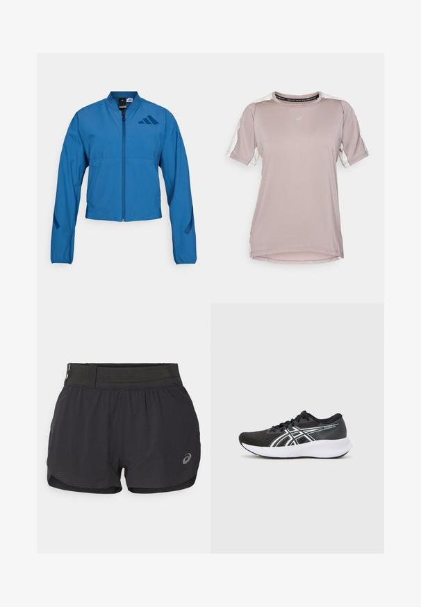 Blå cropped jakke med lynlås foran, stående krave og elastiske manchetter. Har to horisontale lommer og et logo-accent på brystet.; ASICS FUJITRAIL ELITE TOP - Sports T-shirts - rainstorm grey/cream; Sort løbeshorts med en mesh-linning, der har en glat tekstur, kort længde og et lille logo på nederste højre side.; Sorte atletiske sko med en tekstureret mesh-overdel, hvide accenter og en polstret hvid sål. Har et logo på siden og snørebånd.
