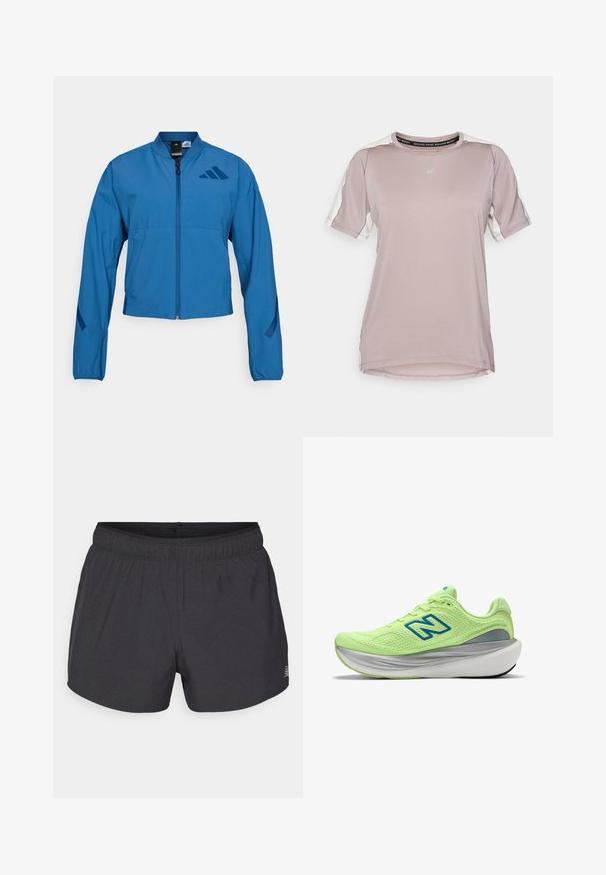 Veste courte bleue avec fermeture éclair à l'avant, col montant et poignets élastiqués. Comprend deux poches horizontales et un logo sur la poitrine.; ASICS FUJITRAIL ELITE TOP - T-shirt de sport - rainstorm grey/cream; Shorts de sport noirs en tissu respirant avec une taille élastique, présentant une texture perforée discrète et un petit logo en accent.; Chaussure de course vert clair avec une tige en mesh, logo "N" bleu, soutien du talon gris, et semelle blanche épaisse.