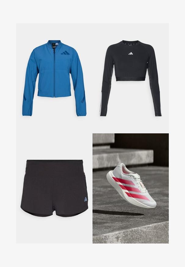 Blaue kurze Jacke mit durchgehendem Reißverschluss, Stehkragen und elastischen Bündchen. Verfügt über zwei horizontale Taschen und ein Logoakzent auf der Brust.; Schwarzes, verkürztes Langarm-Workout-Oberteil aus glattem Material. Mit einem weißen Logo auf der Brust und gestreiften Akzenten an den Ärmeln.; Schwarze Sportshorts mit strukturierter Oberfläche, ausgestattet mit einem breiten Bund und einem Adidas-Logo in Hellblau am unteren linken Rand.; Weißer Laufschuh mit drei markanten roten Streifen, schwebt in der Luft über Betontreppen und zeigt das leichte Design und die strukturierte Sohle.