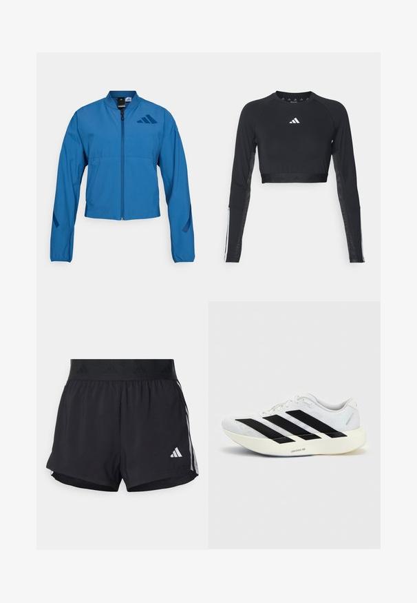 Veste courte bleue avec fermeture éclair à l'avant, col montant et poignets élastiqués. Comprend deux poches horizontales et un logo sur la poitrine.; Haut d'entraînement noir à manches longues et coupé, en tissu lisse. Présente un logo blanc sur la poitrine et des accents rayés sur les manches.; Shorts de sport noirs avec une taille élastique, dotés d'une bande texturée, de rayures sur les côtés, et d'un logo Adidas blanc sur l'ourlet inférieur.; Chaussure de running blanche avec motif trois bandes noires sur le côté et semelle blanche épaisse étiquetée "Lightstrike Pro" sur fond uni.