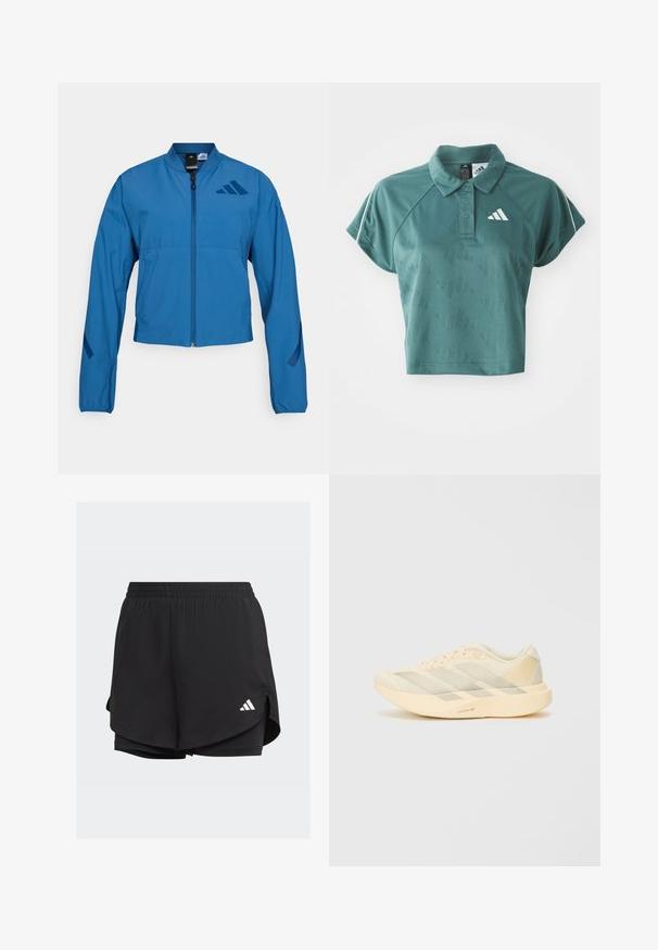 Blauwe korte jas met ritssluiting aan de voorkant, opstaande kraag en elastische manchetten. Heeft twee horizontale zakken en een logo-accent op de borst.; Groene geknipte polo met een textuurpatroon, korte mouwen en een wit logo op de linkerkant van de borst. Kraag met knopen en contrastafwerking.; Zwarte sportshorts met een elastische tailleband, gelaagd ontwerp, binnenste strakke shorts en een wit logo aan de onderzijde links.; Lichtgewicht hardloopschoen in lichtgeel en roomwit, met een gestructureerde mesh bovenzijde, drie diagonale strepen en een dikke buitenzool met "LIGHTSTRIKE PRO" detail.