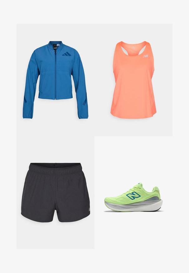 Veste courte bleue avec fermeture éclair à l'avant, col montant et poignets élastiqués. Comprend deux poches horizontales et un logo sur la poitrine.; Débardeur de sport rose avec un décolleté en scoop, design dos nageur et trous de ventilation. Présente un petit logo réfléchissant à l'avant.; Shorts de sport noirs en tissu respirant avec une taille élastique, présentant une texture perforée discrète et un petit logo en accent.; Chaussure de course vert clair avec une tige en mesh, logo "N" bleu, soutien du talon gris, et semelle blanche épaisse.
