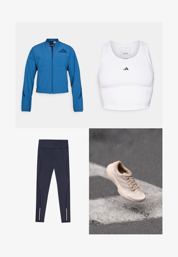 Blå cropped jakke med lynlås foran, stående krave og elastiske manchetter. Har to horisontale lommer og et logo-accent på brystet.; Hvid atletisk crop top lavet af letvægts, åndbart stof. Har mesh-sider og sort broderet logo på brystet.; Navy blå leggings lavet af strækbart stof, med en høj talje og buede sidesømme, samt reflekterende detaljer ved anklerne.; Beige atletiksko med en struktureret overdel, glat sål og rosa accenter. Har perforeringer for åndbarhed og flade snørebånd.