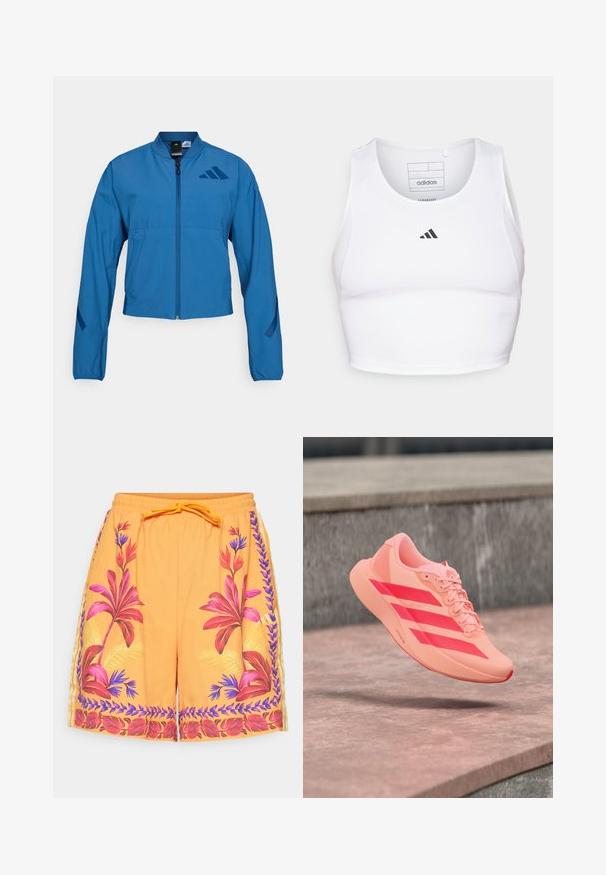 Modrá skrátená bunda so zipsom vpredu, stojacím golierom a elastickými manžetami. Má dve horizontálne vrecká a logo na hrudi.; Biely športový crop top vyrobený z ľahkej, priedušnej tkaniny. Obsahuje sieťované bočné panely a čierne vyšitý logo na hrudi.; Oranžové plavkové šortky s kvetinovými vzormi v ružovej, fialovej a zelenej farbe. Elastický pás so šnúrkou. Ľahká, textúrovaná tkanina.; Svetloružová atletická obuv s jasne červenými pruhmi a šnúrkami, ktorá visí nad kamennými schodmi v exteriéri.