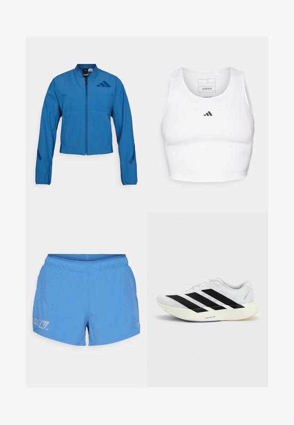 Modrá skrátená bunda so zipsom vpredu, stojacím golierom a elastickými manžetami. Má dve horizontálne vrecká a logo na hrudi.; Biely športový crop top vyrobený z ľahkej, priedušnej tkaniny. Obsahuje sieťované bočné panely a čierne vyšitý logo na hrudi.; Svetlo modré bežecké šortky s perforovanou textúrou, elastickým pásom a potlačeným logom a detailmi na ľavom stehne.; Biela bežecká topánka s čiernym dizajnom so tromi pruhmi na boku a hrubou bielou podrážkou označenou "Lightstrike Pro" na jednofarebnom pozadí.