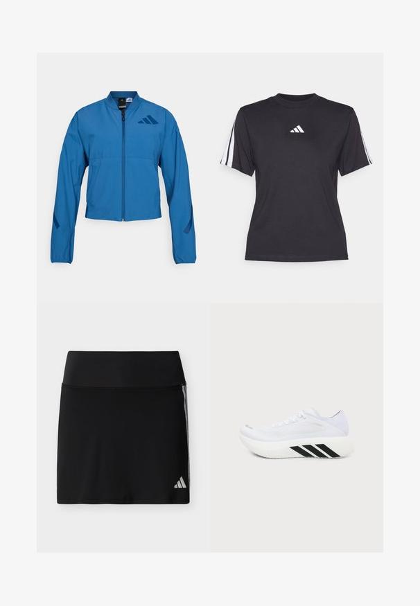 Blauwe korte jas met ritssluiting aan de voorkant, opstaande kraag en elastische manchetten. Heeft twee horizontale zakken en een logo-accent op de borst.; Zwarte sport T-shirt van zacht materiaal, met een ronde hals, korte mouwen en drie witte strepen op elke schouder. Witte logo op de borst.; Zwarte sportieve rok met brede tailleband, subtiele zijstrepen en een klein Adidas-logo op de onderste rechterzoom.; Witte sportschoen met dikke zool, zwarte diagonale strepen op de tussenzool, mesh bovenwerk en veters, vanaf de zijkant afgebeeld op een effen achtergrond.