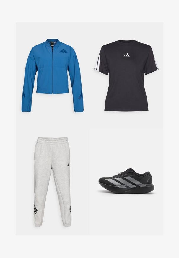 Blauwe korte jas met ritssluiting aan de voorkant, opstaande kraag en elastische manchetten. Heeft twee horizontale zakken en een logo-accent op de borst.; Zwarte sport T-shirt van zacht materiaal, met een ronde hals, korte mouwen en drie witte strepen op elke schouder. Witte logo op de borst.; Lichtgrijze sweatpants met een geribbelde elastische tailleband, taps toelopende pijpen en drie zwarte diagonale strepen nabij de manchetten. Soepele textuur.; Zwarte hardloopschoen met zilveren strepen, dikke gedempte zool met het label "Lightstrike Pro," zijaanzicht op witte achtergrond.