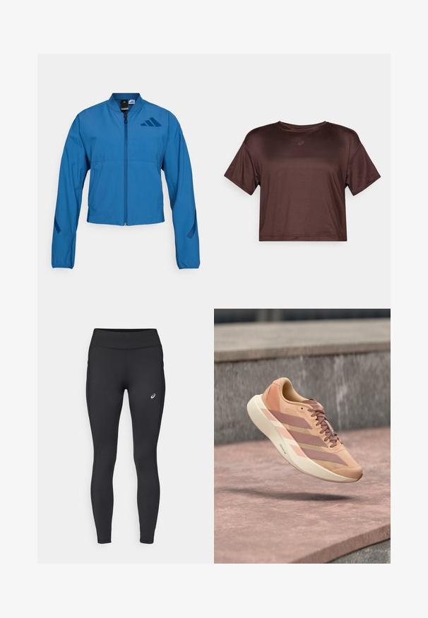 Veste courte bleue avec fermeture éclair à l'avant, col montant et poignets élastiqués. Comprend deux poches horizontales et un logo sur la poitrine.; Haut de sport brun à manches courtes et cropped, fabriqué en tissu léger et lisse avec un léger éclat et un petit logo sur la poitrine.; ASICS CORE WINTER - Collants hiver - performance black; Baskets rose clair et beige avec trois bandes et une semelle épaisse, flottant au-dessus d'une surface en béton rose avec un arrière-plan gris flou.