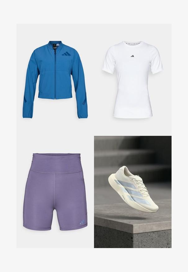 Veste courte bleue avec fermeture éclair à l'avant, col montant et poignets élastiqués. Comprend deux poches horizontales et un logo sur la poitrine.; T-shirt de sport blanc à manches courtes, fabriqué en tissu lisse et extensible. Doté d'un petit logo noir Adidas sur la poitrine.; Shorts de sport violets avec une taille haute, texture lisse, et logo bleu contrastant en bas à gauche. Présente des coutures à plat.; Chaussure de sport blanche avec des rayures bleues, lacets noués, flottant au-dessus d'un rebord en béton sur fond d'escalier flou.