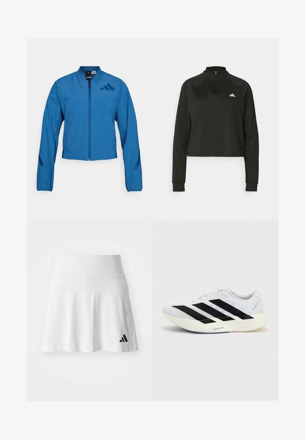 Blå cropped jakke med lynlås foran, stående krave og elastiske manchetter. Har to horisontale lommer og et logo-accent på brystet.; Sort quarter-zip trøje lavet af glat stof med lange ærmer, med en høj krave og et hvidt logo på venstre bryst.; Hvid atletisk nederdel med en blød tekstur, udvidet design og sort Adidas-logoaccent nederst til venstre. Glat, elastisk taljebånd.; Hvid løbesko med sort tre-stribet design på siden og tyk hvid sål mærket "Lightstrike Pro" på ensfarvet baggrund.