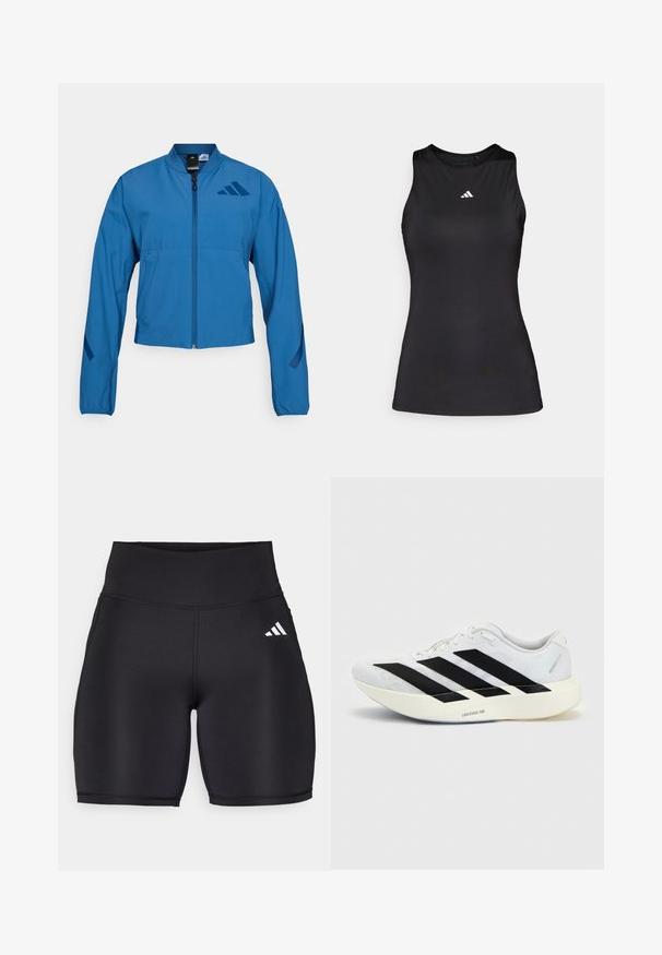 Blauwe korte jas met ritssluiting aan de voorkant, opstaande kraag en elastische manchetten. Heeft twee horizontale zakken en een logo-accent op de borst.; Zwart mouwloos sporttop gemaakt van gladde stof. Heeft een ronde halslijn en een klein wit Adidas-logo op de borst.; Zwarte sportshorts van rekbaar materiaal, met een hoge tailleband, een gladde textuur en een wit logo met drie strepen aan de zijkant.; Witte hardloopschoen met zwart drie-strepen ontwerp aan de zijkant en dikke witte zool met label "Lightstrike Pro" op een effen achtergrond.
