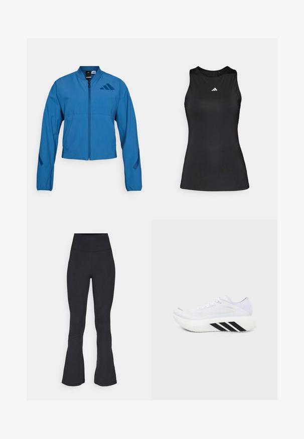Veste courte bleue avec fermeture éclair à l'avant, col montant et poignets élastiqués. Comprend deux poches horizontales et un logo sur la poitrine.; Débardeur de sport noir sans manches en tissu lisse. Il présente un col rond et un petit logo Adidas blanc sur la poitrine.; Leggings évasés noirs en tissu extensible, avec une taille haute, une texture lisse et des détails de couture subtils.; Chaussure de sport blanche avec une semelle épaisse, des rayures diagonales noires sur la semelle intermédiaire, une tige en mesh et des lacets, vue de profil sur un fond uni.