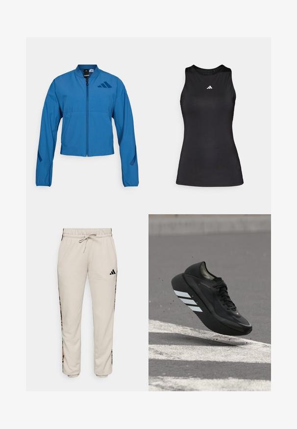 Blaue kurze Jacke mit durchgehendem Reißverschluss, Stehkragen und elastischen Bündchen. Verfügt über zwei horizontale Taschen und ein Logoakzent auf der Brust.; Schwarzes ärmelloses Sportoberteil aus glattem Stoff. Verfügt über einen runden Halsauschnitt und ein kleines weißes Adidas-Logo auf der Brust.; Hellbeige Sweatpants aus weichem Stoff, mit einem verstellbaren Bund und schwarzen Seitenpaneelen mit einem Leopardenmuster.; Schwarzer Laufschuh mit weißen Streifen auf der Sohle, schwebt über Asphalt mit weißen Straßenmarkierungen und wirbelt kleine Schmutzpartikel auf.