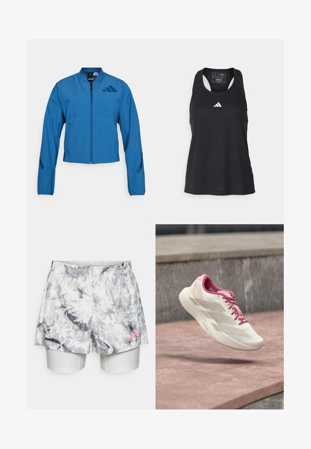 Veste courte bleue avec fermeture éclair à l'avant, col montant et poignets élastiqués. Comprend deux poches horizontales et un logo sur la poitrine.; Débardeur de sport noir sans manches avec un col rond et un logo blanc sur la poitrine. Fabriqué en tissu lisse et léger.; Shorts avec un motif abstrait gris et blanc, dotés d'une taille élastique, d'une doublure intérieure et d'un accent de logo rose sur le côté.; Chaussure de course beige clair et rose avec semelle coussinée, lacets roses et trois rayures beiges flottant au-dessus d'une surface en pierre.