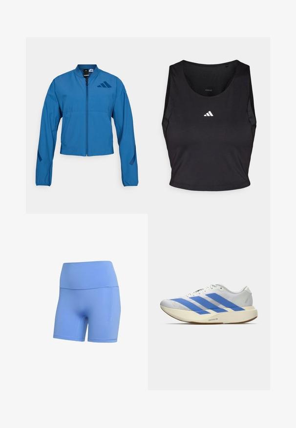 Blauwe korte jas met ritssluiting aan de voorkant, opstaande kraag en elastische manchetten. Heeft twee horizontale zakken en een logo-accent op de borst.; Zwarte sportcrop top gemaakt van vochtregulerende stof, met een ronde hals, mouwloos ontwerp en wit logo op de borst.; Blauwe sportshorts gemaakt van rekbare stof, met een strakke tailleband en een zijzak, een gladde textuur en geen zichtbare patronen.; Witte hardloopschoen met drie blauwe strepen, lichtbeige dikke zool met label "Lightstrike Pro," en witte veters op een effen achtergrond.