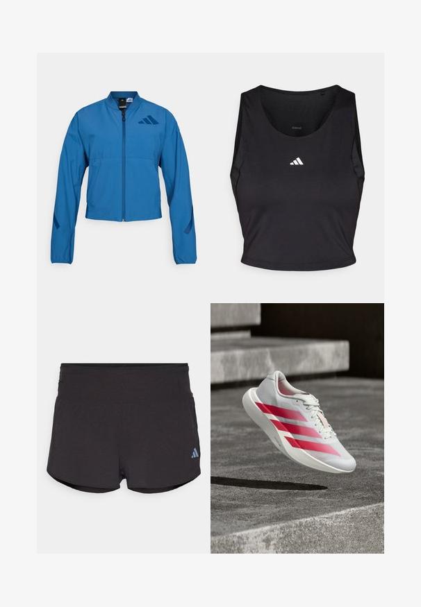 Modrá skrátená bunda so zipsom vpredu, stojacím golierom a elastickými manžetami. Má dve horizontálne vrecká a logo na hrudi.; Čierny športový crop top vyrobený z látky odvádzajúcej vlhkosť, s okrúhlym výstrihom, bez rukávov a bielym logom na hrudníku.; Čierne športové šortky s textúrovaným povrchom, so širokým pásom a svetlomodrým logom Adidas na dolnej ľavej strane.; Biela bežecká obuv s tromi výraznými červenými pruhmi, vo vzduchu nad betónovými schodmi, zdôrazňujúca ľahký dizajn a textúrovanú podrážku.
