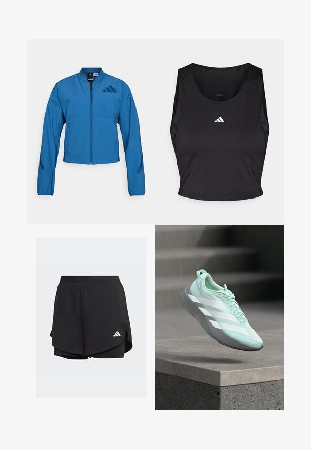 Veste courte bleue avec fermeture éclair à l'avant, col montant et poignets élastiqués. Comprend deux poches horizontales et un logo sur la poitrine.; Crop top de sport noir en tissu évacuant l'humidité, avec un col rond, sans manches, et logo blanc sur la poitrine.; Shorts de sport noirs avec une taille élastique, un design superposé, des shorts ajustés à l'intérieur et un logo blanc en bas à gauche.; Chaussure de course bleu clair avec des rayures blanches et une semelle grise flottant au-dessus d'une marche en béton avec des escaliers flous en arrière-plan.